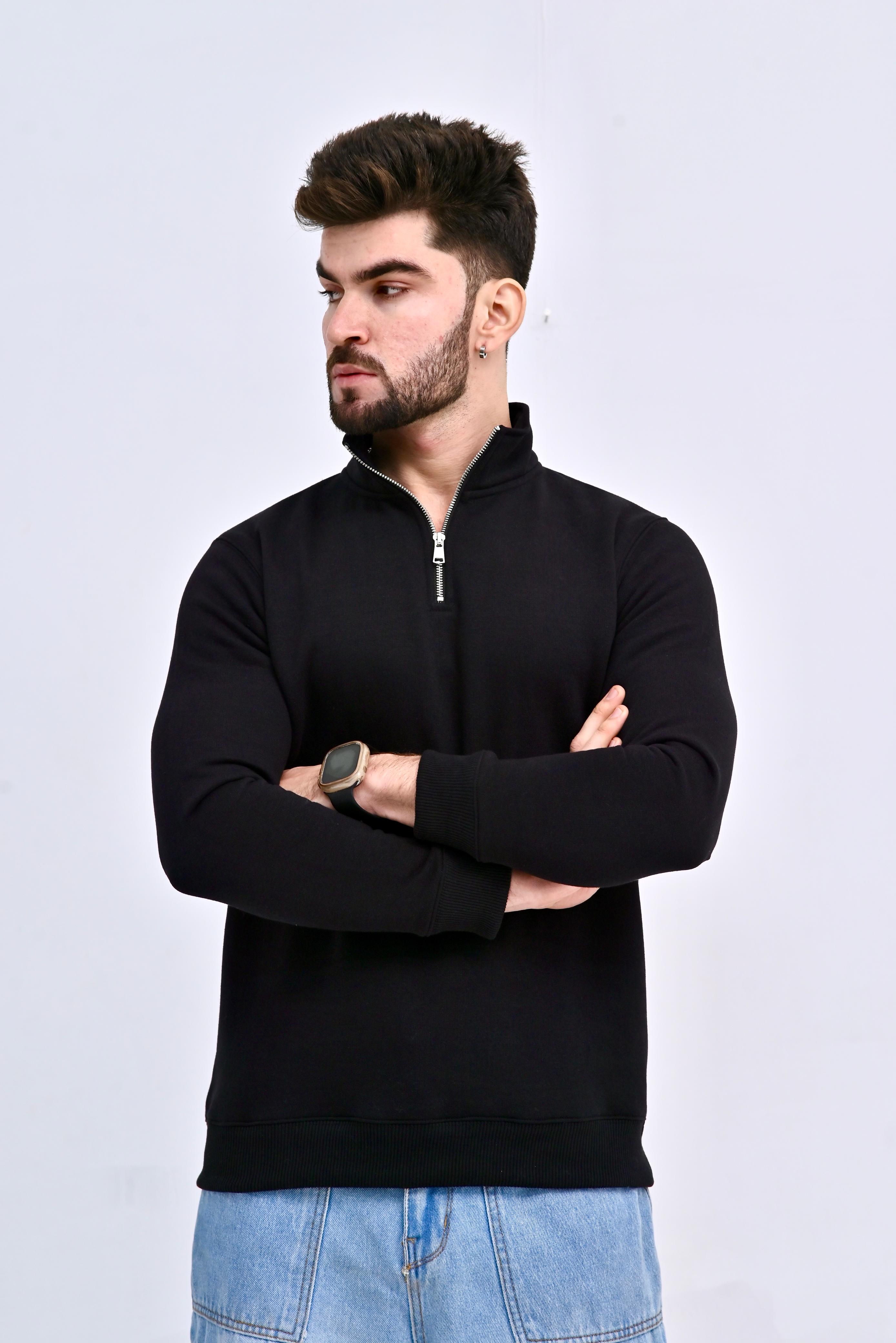 Black  Zipper Fleece Sweat Shirt