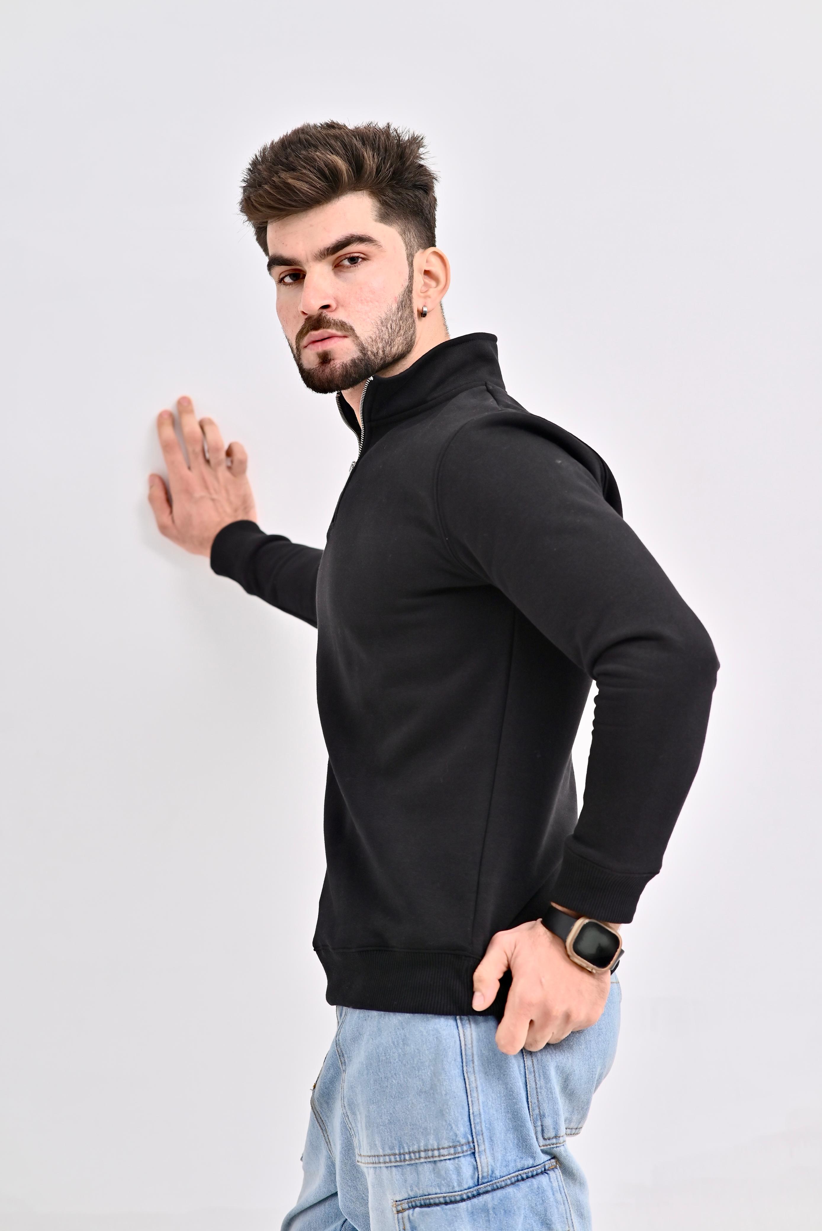 Black  Zipper Fleece Sweat Shirt